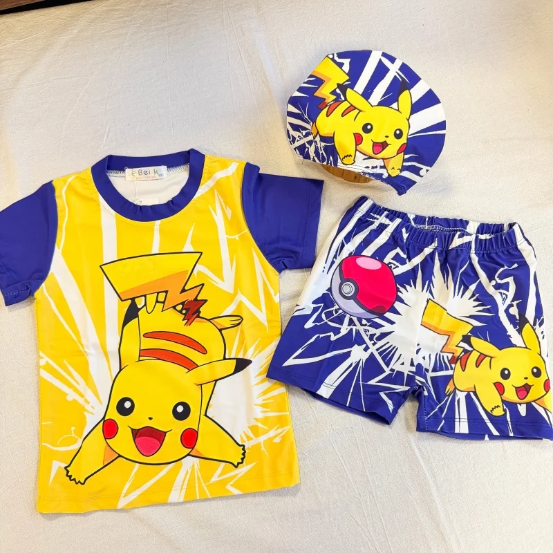 In Stock New Kids Swimwear for Boys Cute Cartoon Pikachu Beach Swimsuit 3-piece Set Kawaii Swimming 100-140cm