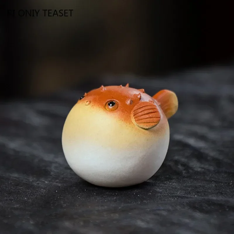 Yixing Purple Clay Tea Pet Handmade Pufferfish Statue Ornaments Animal Tea Figurine Sculpture Crafts Chinese Tea Set Decors Art