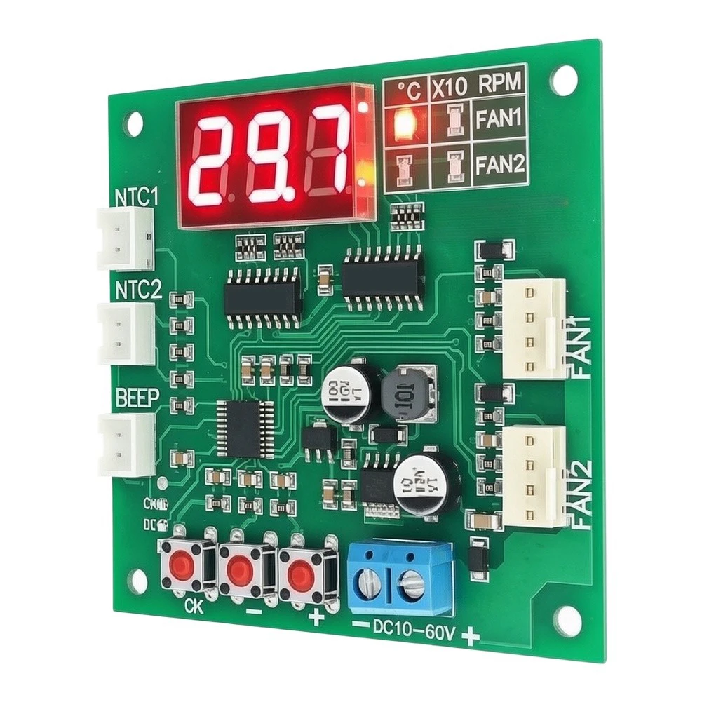 Temperature and RPM Control Board for 4-Wire For PWM Fans DC 8-60V Dual Channel Operation with Digital Readout Display