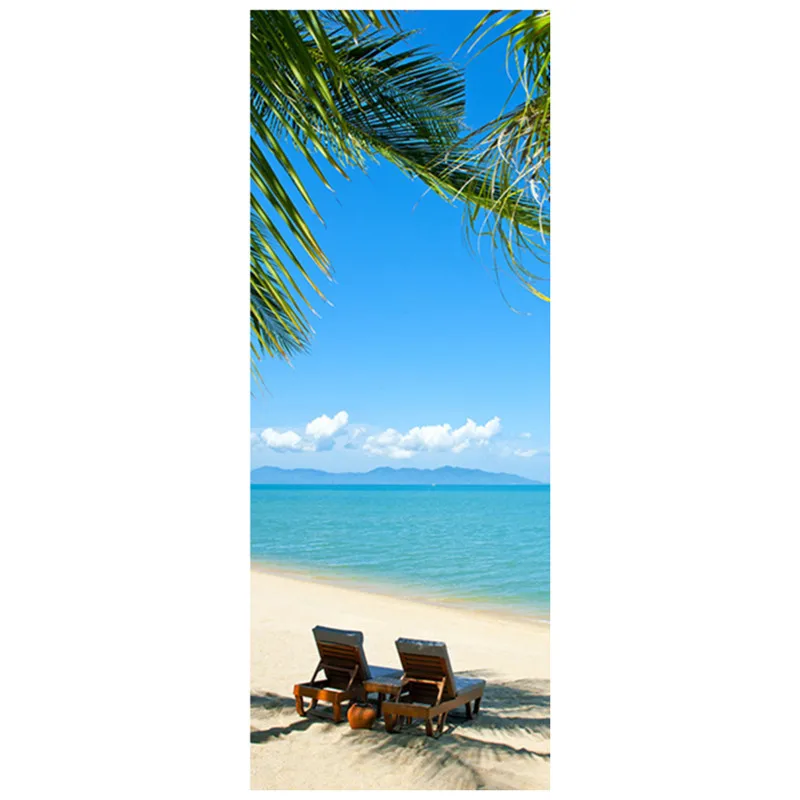 

Summer Sea View Door Stickers Sunny Beach Palm Tree 3D Wall Art PVC Mural Home Decoration for Room Waterproof Poster Wallpaper