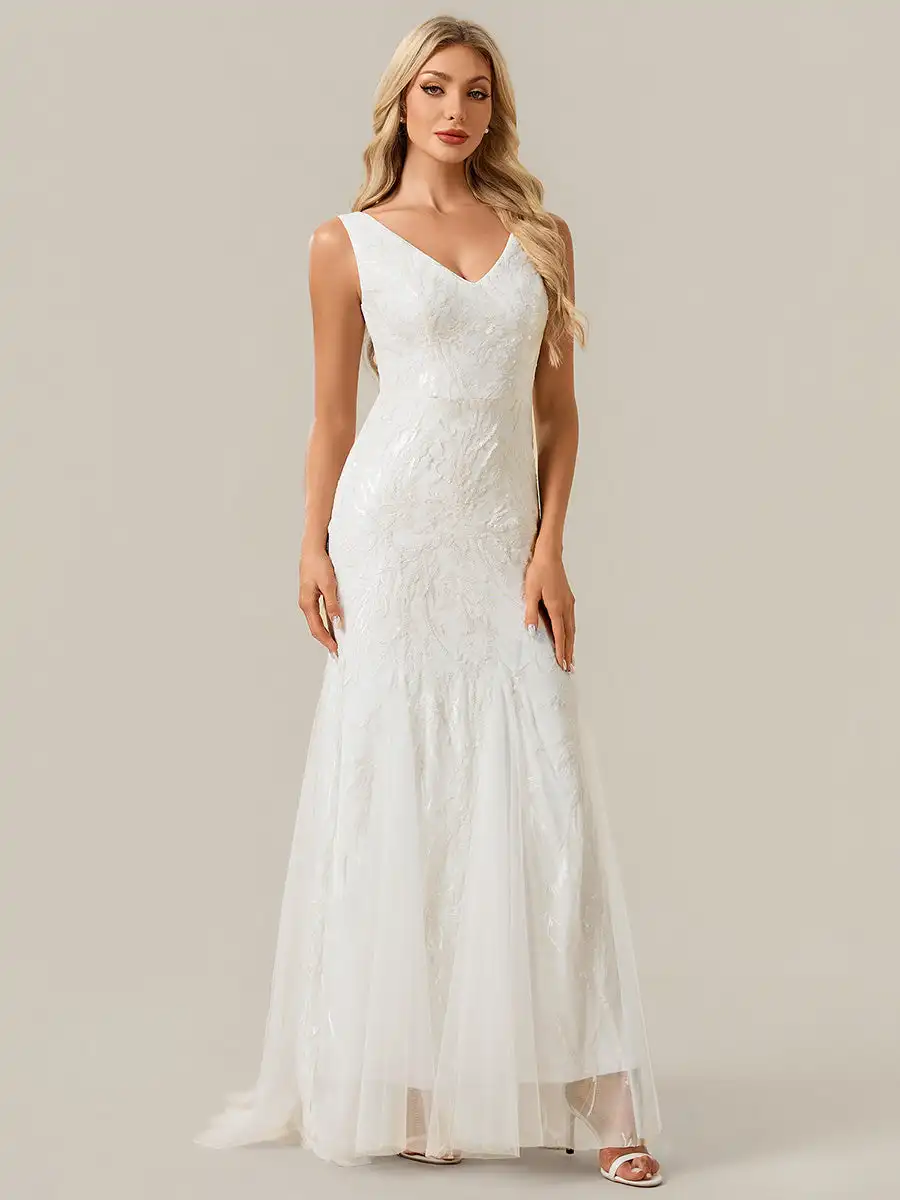 

BAZIIINGAAA Wedding Dress Strapless High Stretch Sequin Floral Fishtail V-Neck Back zipper White Floor-Length Wedding Dresses