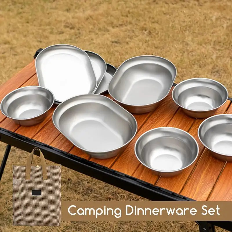 

6/8/10PCS Camping Tableware Set Outdoor Camping Plates Bowls Cookware Self-driving BBQ Plate Home Soup Pot Bowl Plate Set