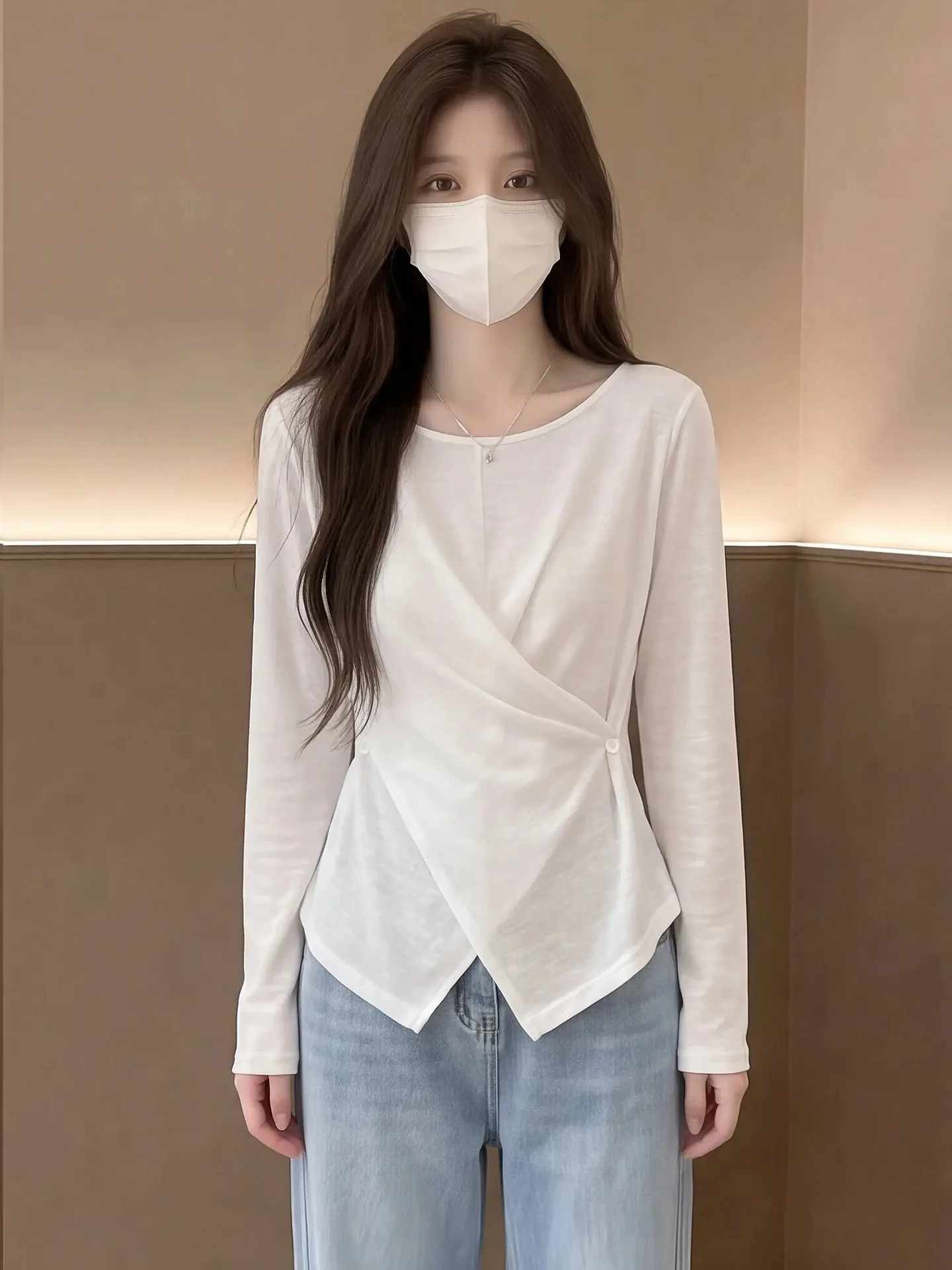 Elegant Thin Long Sleeve T-Shirt Breathable Light Weight French Style Cotton Polyester Blend High Waist round Neck Top for Women