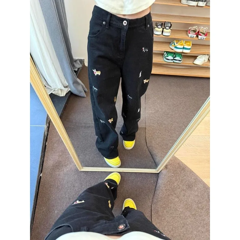 여성용 아메리칸 레트로 만화 워시 자수 청바지 여름 루즈 스트레이트 바지 다목적 긴 바지 캐주얼