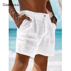 Pantalones cortos de lino y algodón para hombre, Shorts de estilo europeo, informales, color blanco sólido y caqui con botones, 2024