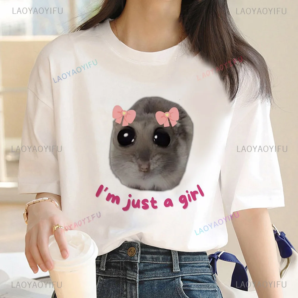 Sad Hamster T-shirts Cotton Women Manga T Shirt Funny Cute Girl Manga Harajuku Clothing Fashion Casual Short-sleev Tops Tees