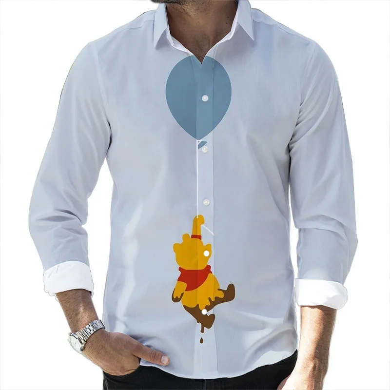 Street Style Mickey Minnie Cartoon 2024 Spring Harajuku New Fashion Casual 3D Printed Long Sleeve Lapel Shirt Slim Men's Top