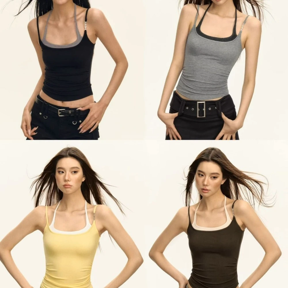 

With Chest Cushion Hanging Strap Camisole Solid Color Spicy Girl Crop Tops with Neck Hanging Strap Sleeveless Suspender Vest