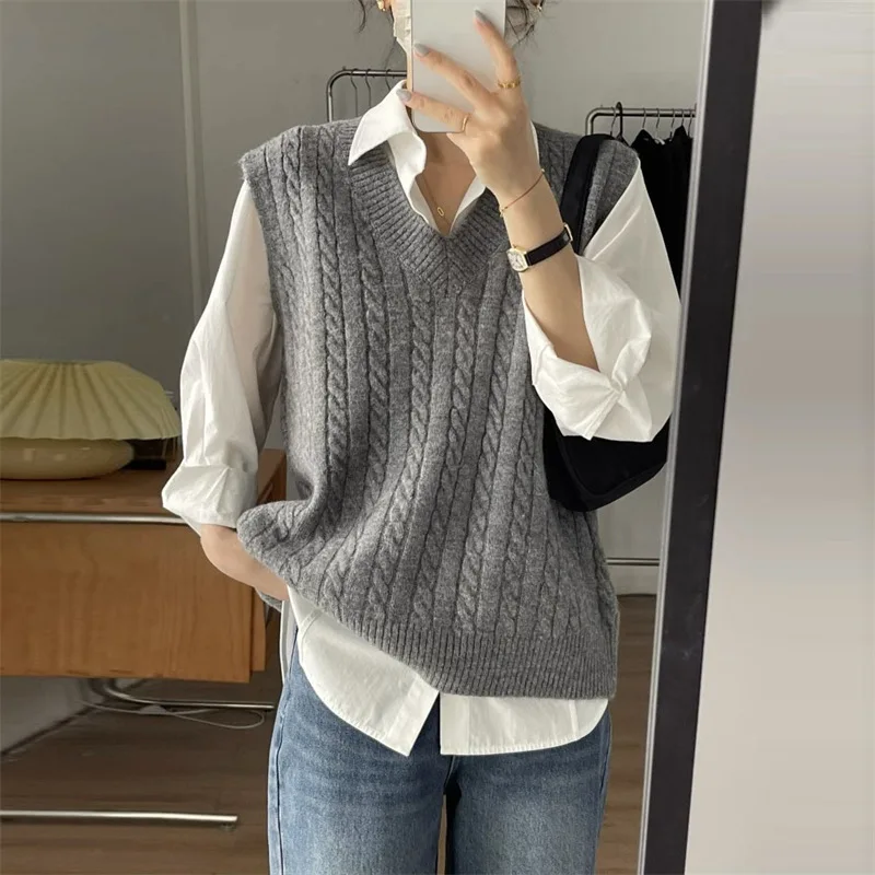 

Толстые жилеты с v-образным вырезом, однотонные повседневные элегантные джемперы, женские жилеты на осень 2024, свитера, женские вязаные пуловеры без рукавов