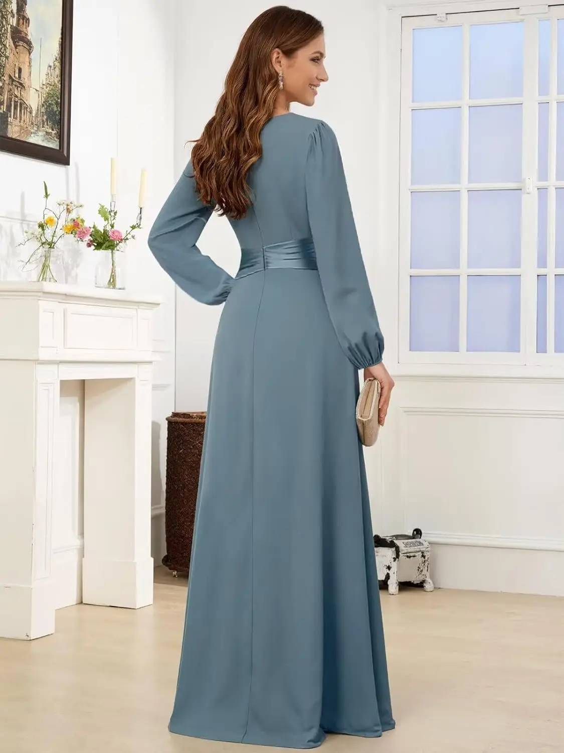 فستان نسائي من الساتان لأم العروس بأكمام طويلة ورقبة على شكل حرف V فستان رسمي #2