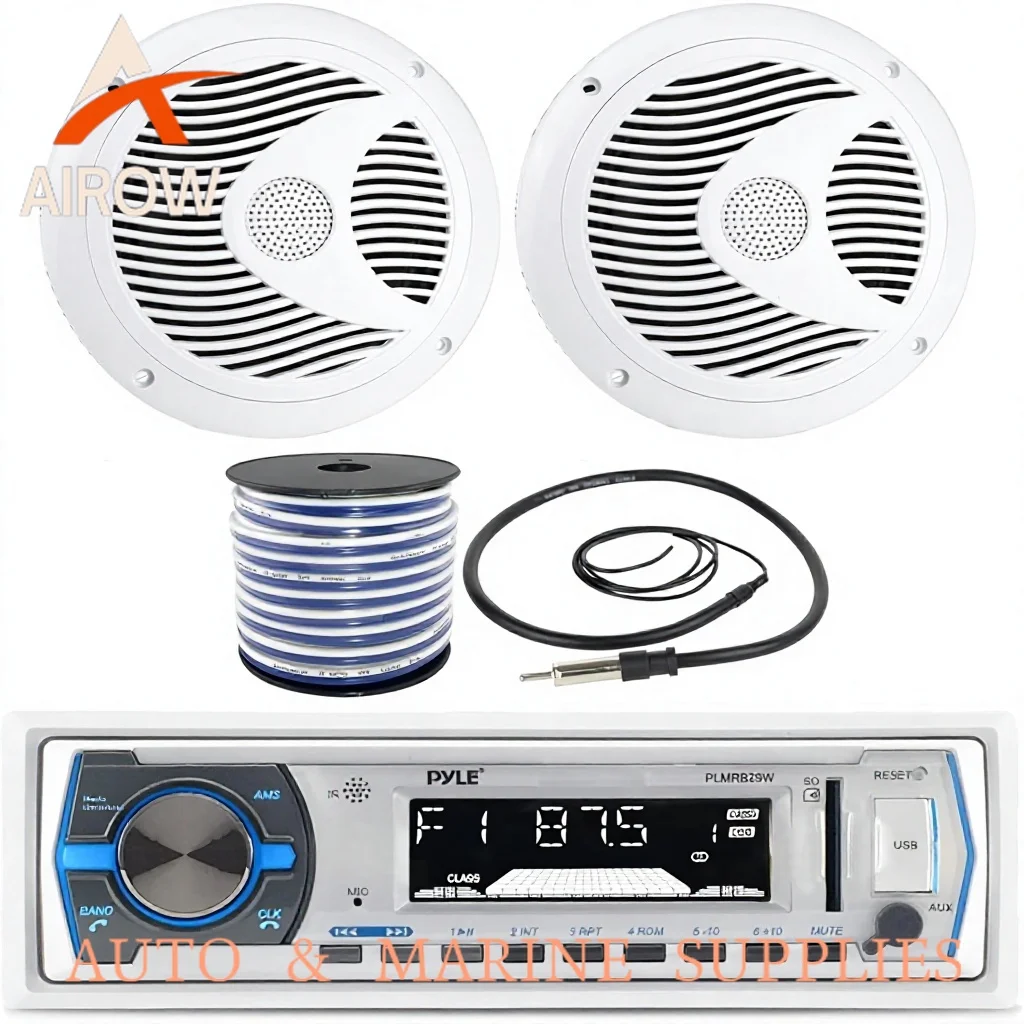 Airow auto Pyle Single DIN Marine Boat AM/FM DAB USB AUX Stereo Receiver  Dual Cone Full-Range White Speakers Voice Control