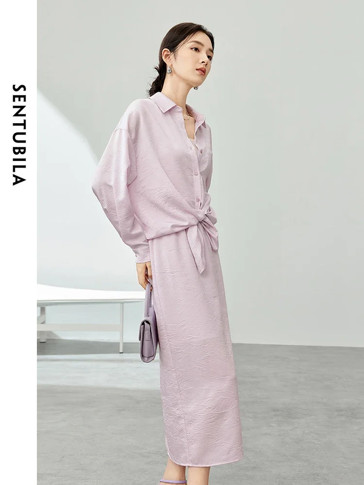 

SENTUBILA Fashion Solid Skirts Set 2025 Spring Summer Loose Long Sleeve Blouse Elastic Waist Straight Split Skirt 141Z53663