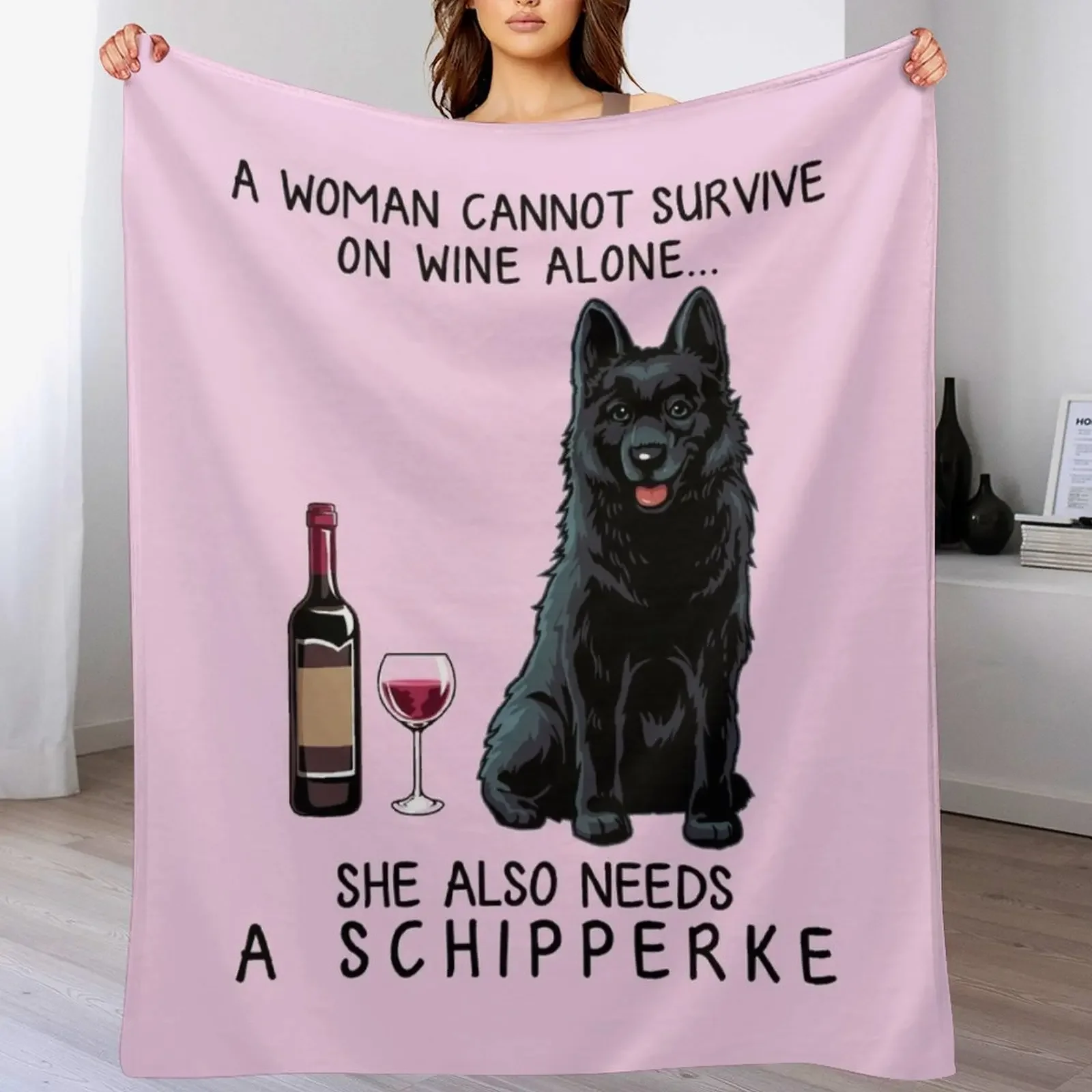 

New Schipperke and wine Funny gift for dog mom Throw Blanket Beach Softest Plaid on the sofa Baby Blankets
