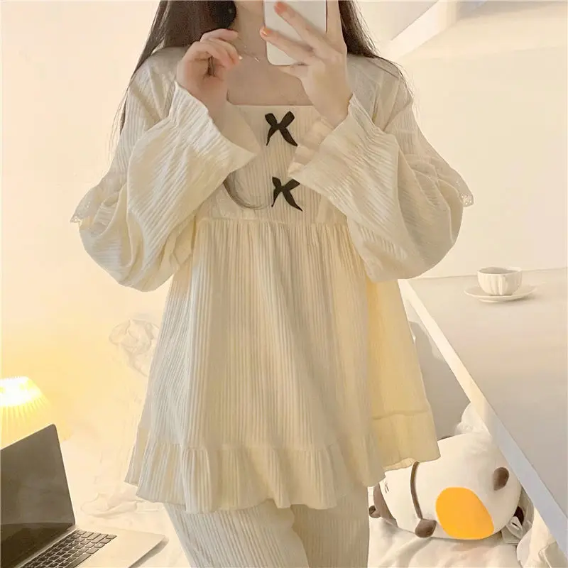 New Arrival: Sweet Princess-Style Long-Sleeve Pajamas for Women—long Pants, Bow, Sweet Ribbed Pattern—women's Loungewear Set