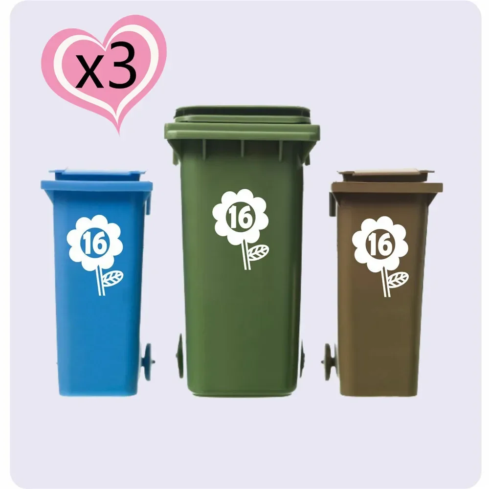 3 x WHEELIE / RUBBISH BIN VINYL FLOWER NUMBERS CUSTOMIZED STICKERS