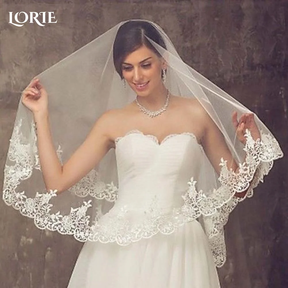 LORIE Wedding Bridal Veils White Beautiful Long Veil with Lace and Metal Comb at The Edge Cathedral Length