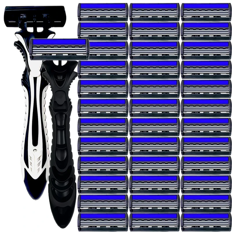Men's Safety Razor Manual Stainless Steel 3-Layer Blade Hair Removal Tool Replaceable Razor Head Grooming Kit