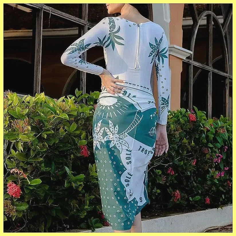 Traje de baño de verano de 2 piezas: conjunto de body de manga larga y falda, estampado, ajustado, para playa (Personajes: 78)