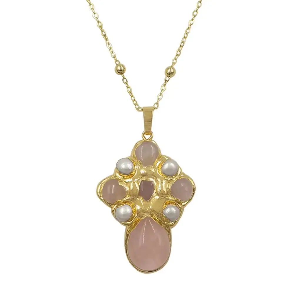 WT-JN297 New Wholesale Special Design Turquoise Stone And Freshwater Pearl With 18k Gold Plated Pendant Fine Necklace