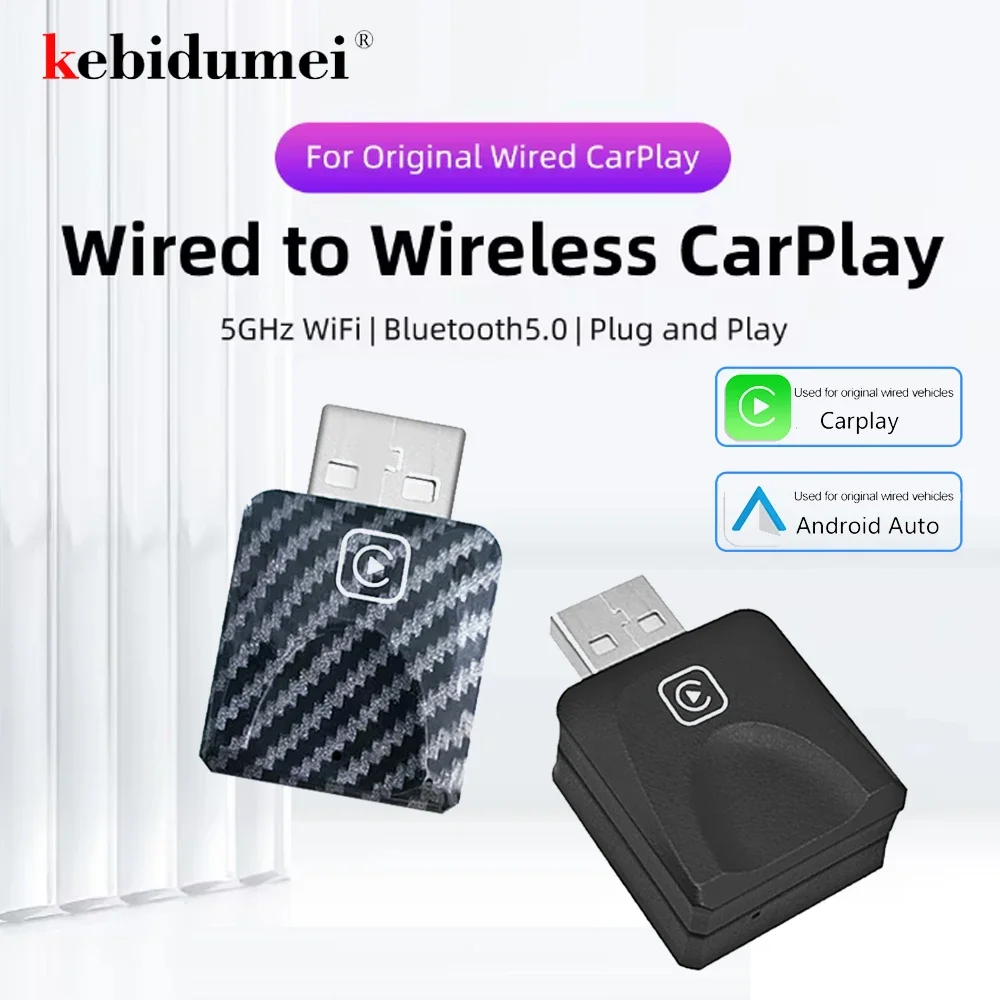 Kebidumei 2w1 bezprzewodowy CarPlay i Android Auto adapter przewodowy na bezprzewodowy inteligentny klucz USB USB i podwójne złącze typu C szybkie