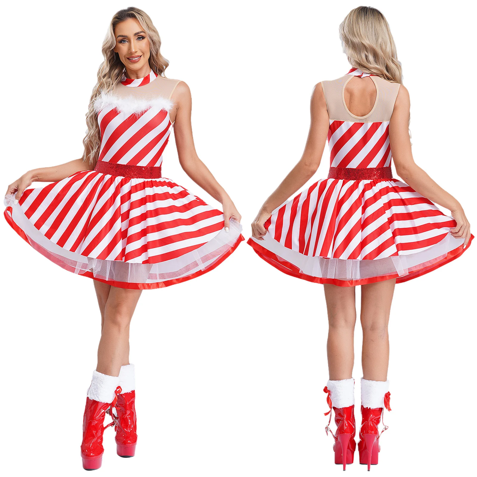 

Women Christmas Party Candy Cane Costume Sequins Striped Tutu Dance Dress New Year Festival Carnivals Theme Party Fancy DressUp.