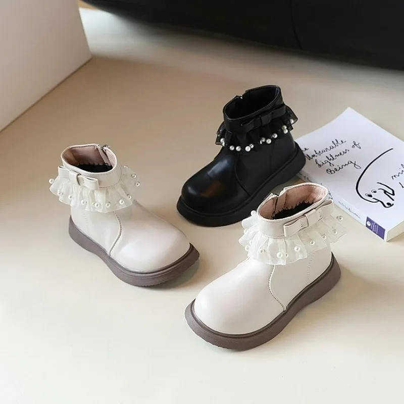 Girls' Princess Short Boot 2024 Autumn/Winter New White Lace Single Boots Children's Soft Soled Boots Girls' Leather Boots