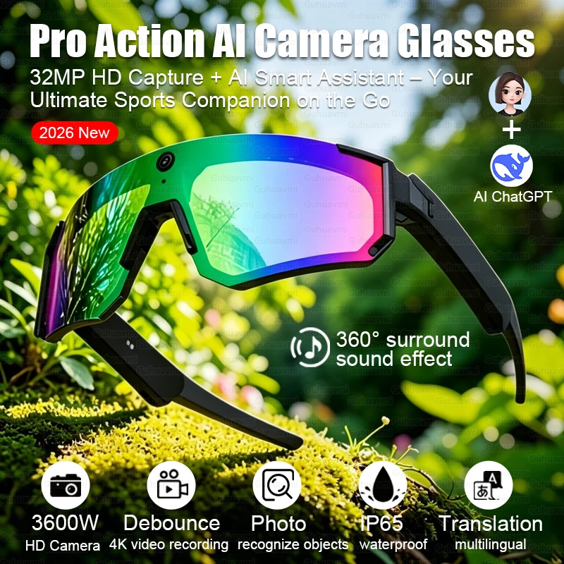 

Умные очки с HD-камерой 800W и ИИ для видеозаписи 360° ° Спортивные солнцезащитные очки с объемным звуком, Bluetooth-вызовами и защитой от воды для велоспорта и лыжного спорта