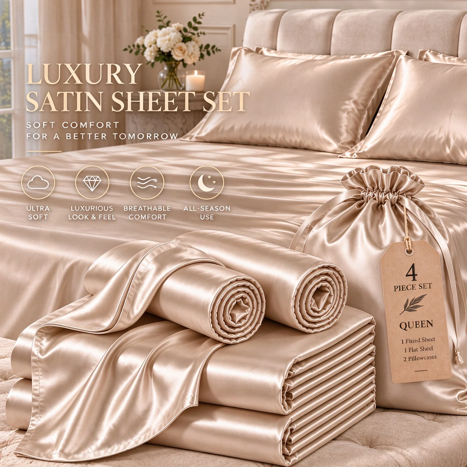 3/4Pcs Bed Sheet Set, Deep Pocket Fitted Sheet with Flat Sheet & Envelope Closure Pillowcases, Smooth Comfort Bedding for Summer Bedroom Decor