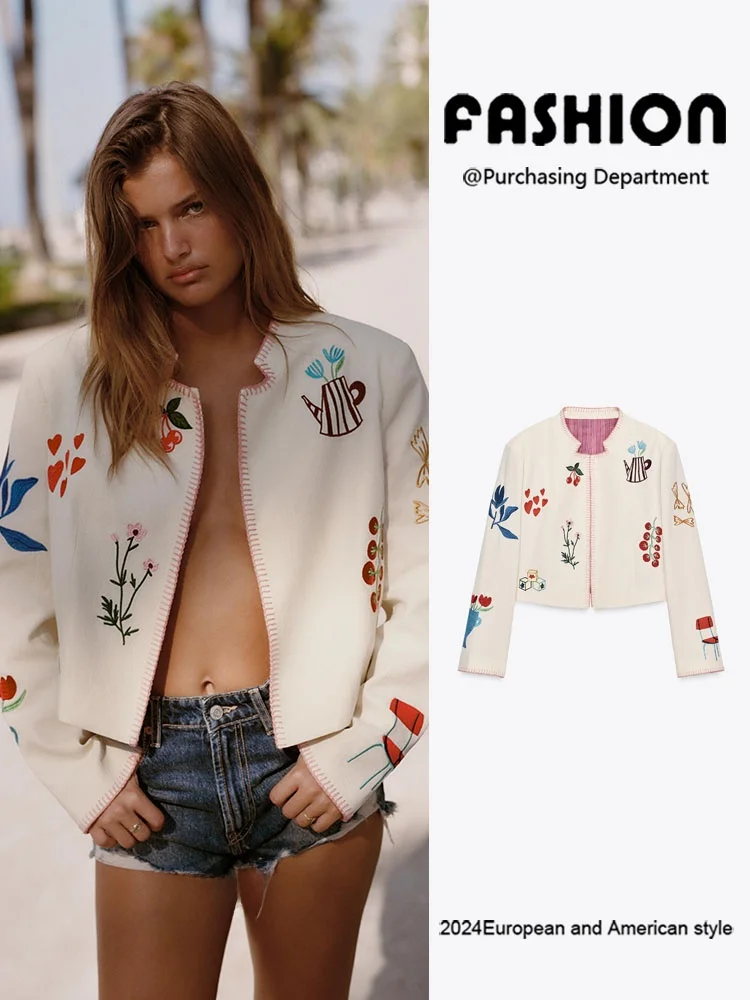 

New Autumn Women's Faionable round Ne Long Sve Embroidered Jaet Simple Sle Versatile Outerwear Ele Lady's Coat