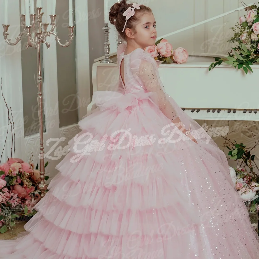 Pink Long Sleeve Sequins Tiered Princess Flower Girl Dress Bow Back Kids Wedding Birthday First Communion Ball Gown Custom