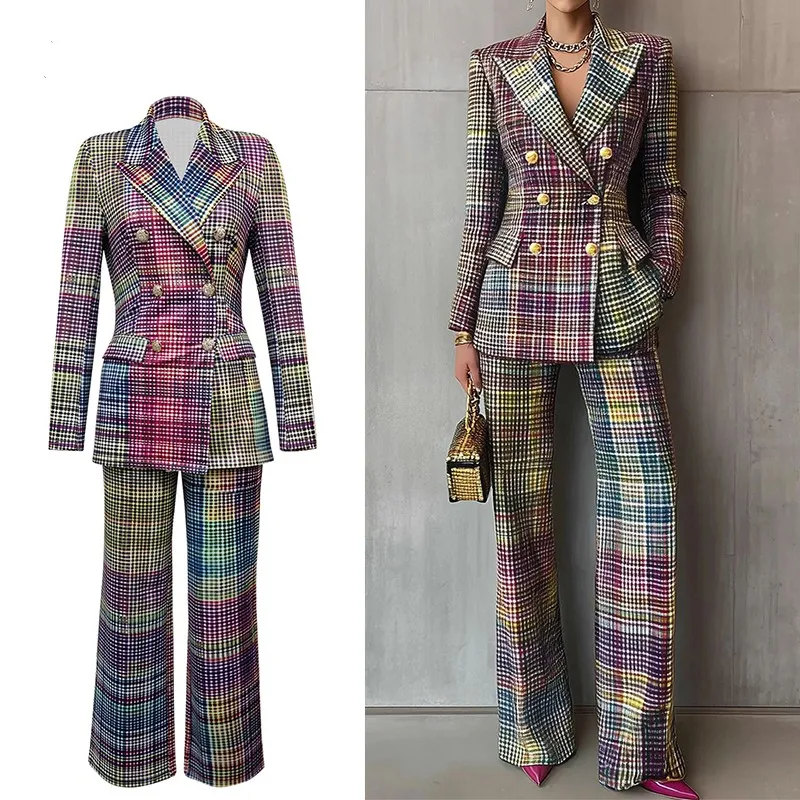 

Chic Plaid Printed Slim Women's Blazer Suit Lapel Long Sleeved Jacket and High Waisted Straight Pants 2pcs Office костюм