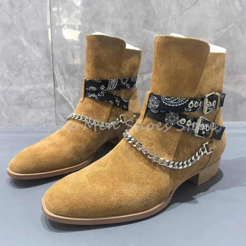 

Vintage Light Brown Suede Boots Metal Chain Pattern Strap Buckle Ankle Boots Man Winter Warm Trendy Designer Desert Boots