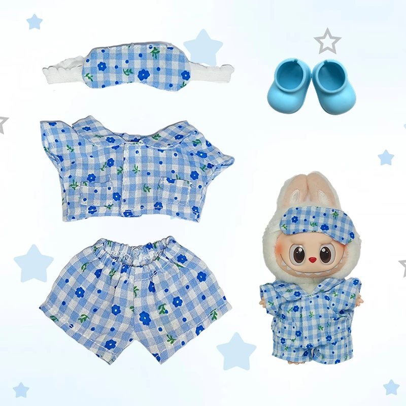

17cm Labubu Doll Clothes Set Blue Checkered Pajamas Eye Mask Shoes Outfit Cute Fashion Accessories For V1 V2 Doll DIY Kid Gift