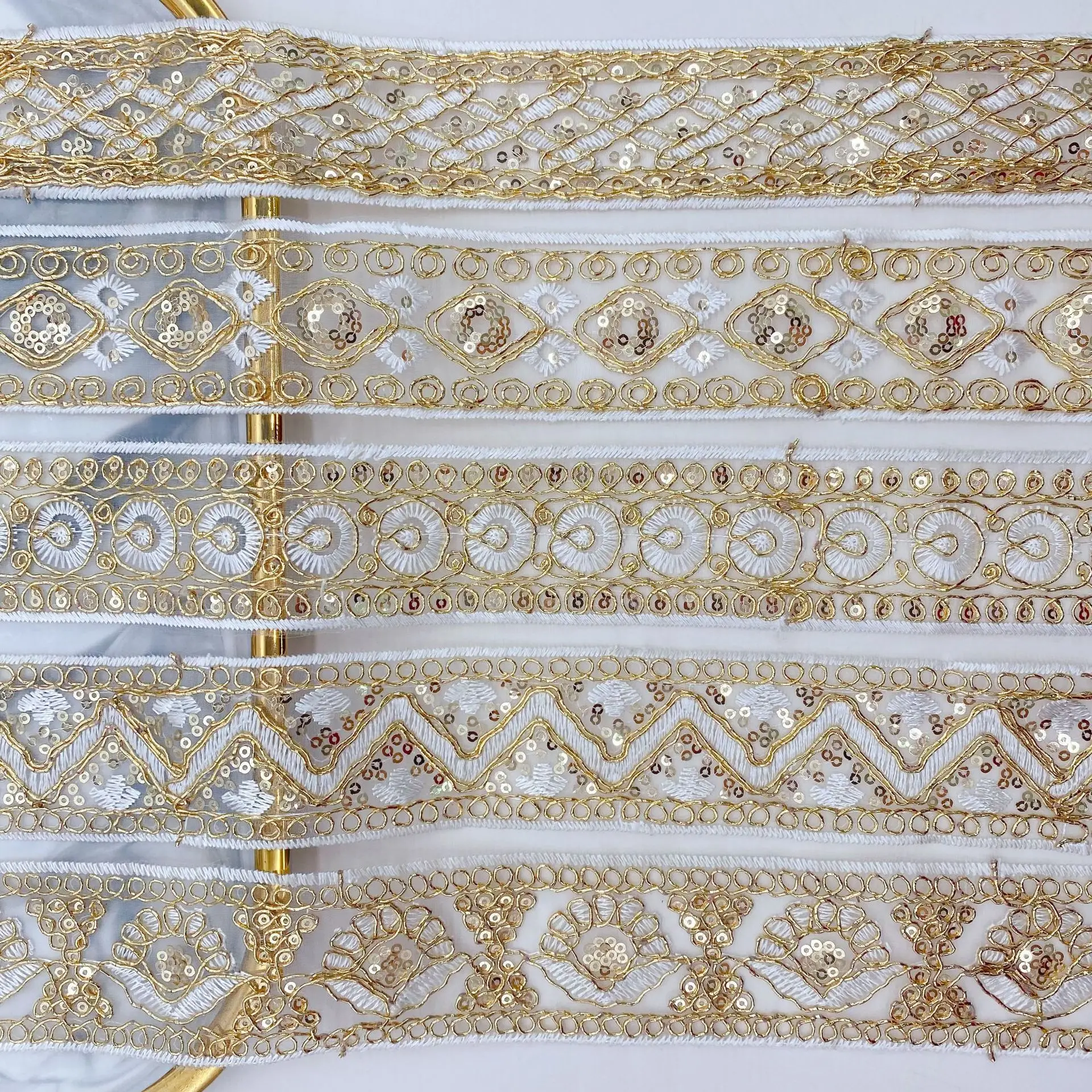 

3Yards Of Wholesale National Style Embroidery Lace Fabric DIY Luxcy Mesh Gold Bead Strand Tulle Lace Accessories