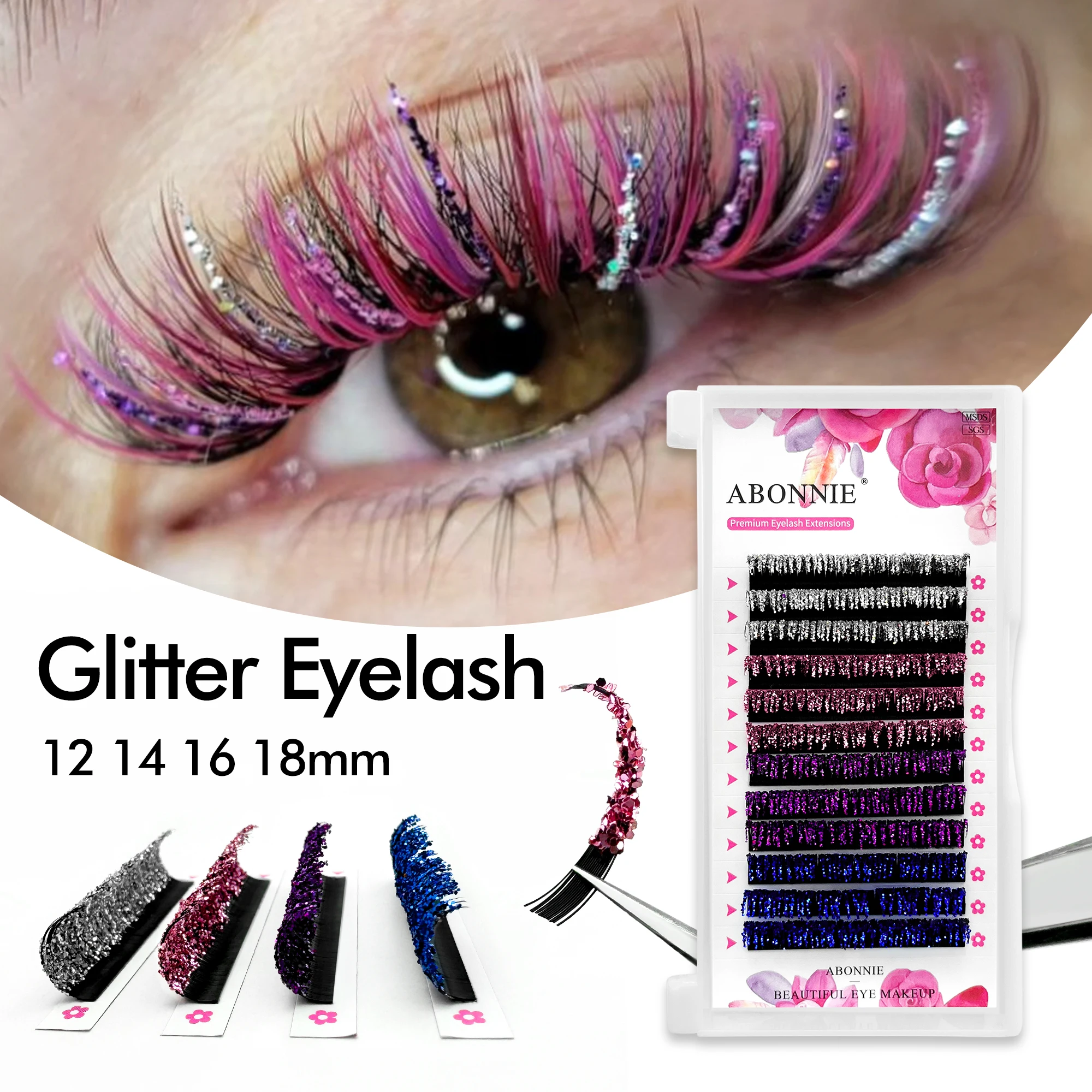 ABONNIE Glitzer-Wimpernverlängerung, glänzend, 4 Farben, glitzernde Wimpern, glänzende Party-Wimpern