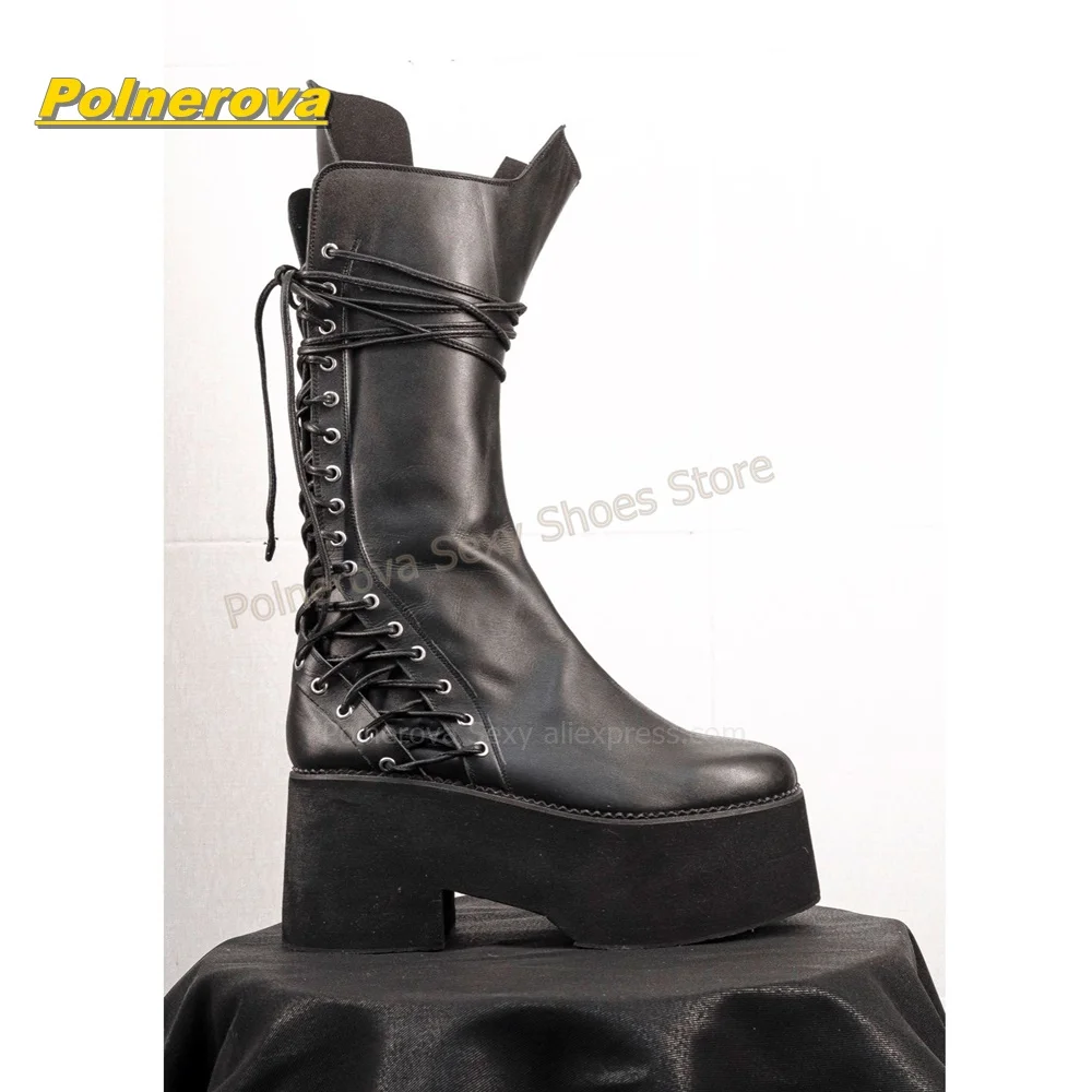 Gothic Platform Lace Up Knight Boots Round Toe Chunky Heels Back Corset Design Punk Rock Mid Calf Boots Streetwear Party 2026