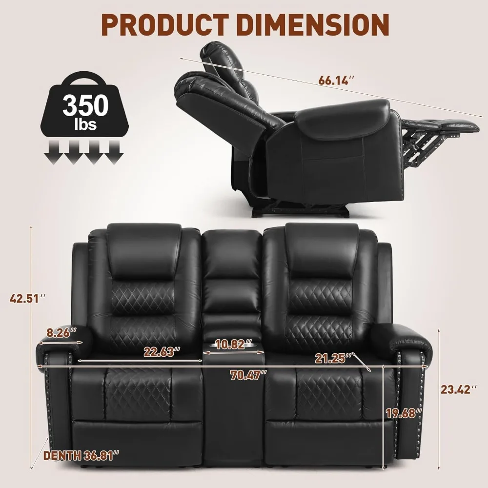 Large Massage Recliner Loveseat with Storage Console Lumbar Heating, PU Leather Reclining Sofa Chairs, Ergonomic Loveseat Chairs