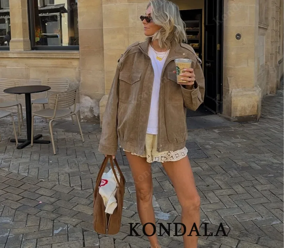 

KONDALA Women Vintage High Street Suede Jacket Stand-up Collar Zipper Jacket Coat 2025 Fall Winter Fashion Casual Lady Jacket