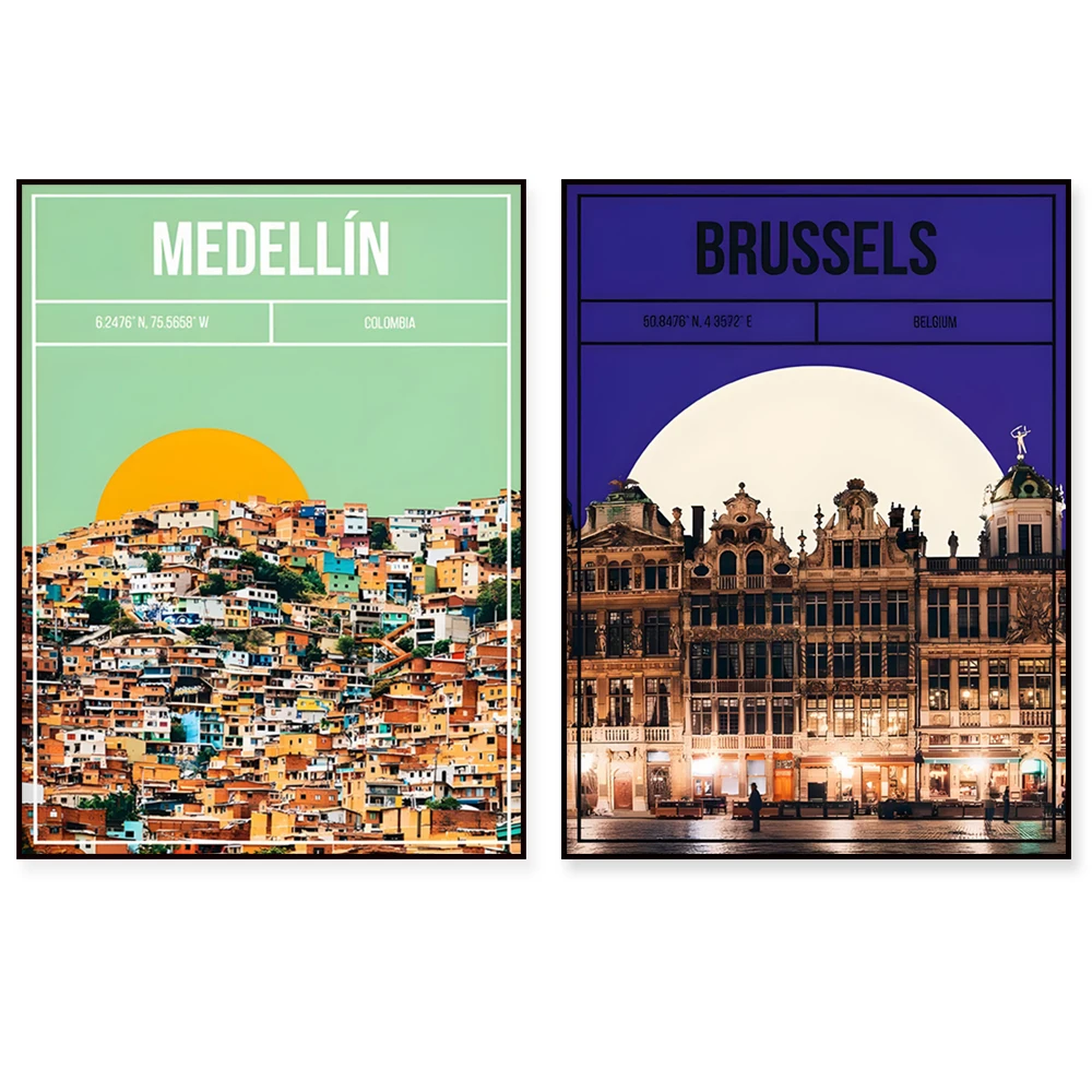 Madrid, Iceland, Florence, Positano, Vienna, Bristol, England, Brussels, Medellin, Bristol, Giza, Chichen Itza travel poster