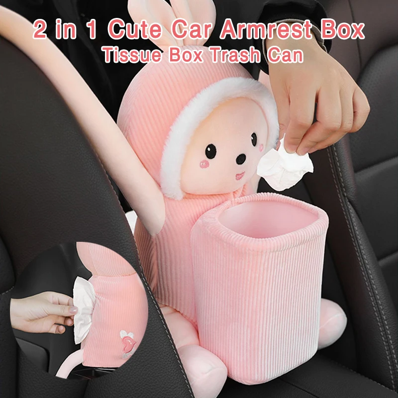 2 in 1 Creative Cute Car Tissue Box Trash Can Short Plush Anti Leakage Water Interior Can Armrest Box Tissue Holder Auto Parts