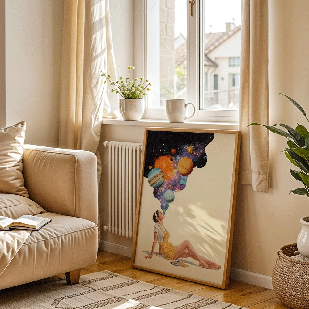 Vintage Abstract Cosmic Dreamy Girl Canvas Poster Wall Art,2D Print Wall Decor,Home Decor Gift For Living Room & Bedroom