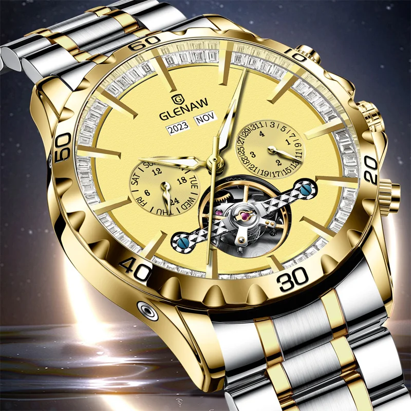 2024 GLENAW Men\'s Mechanical Watch Original Skeleton Waterproof Luminous Multifunctional Stainless Steel Date Automatic Watch