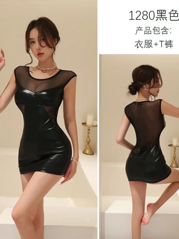Nuovo design estivo in pelle fascino maturo lingerie sexy donna seducente segretaria discoteca avvolgente anca abito nero uniforme sottile