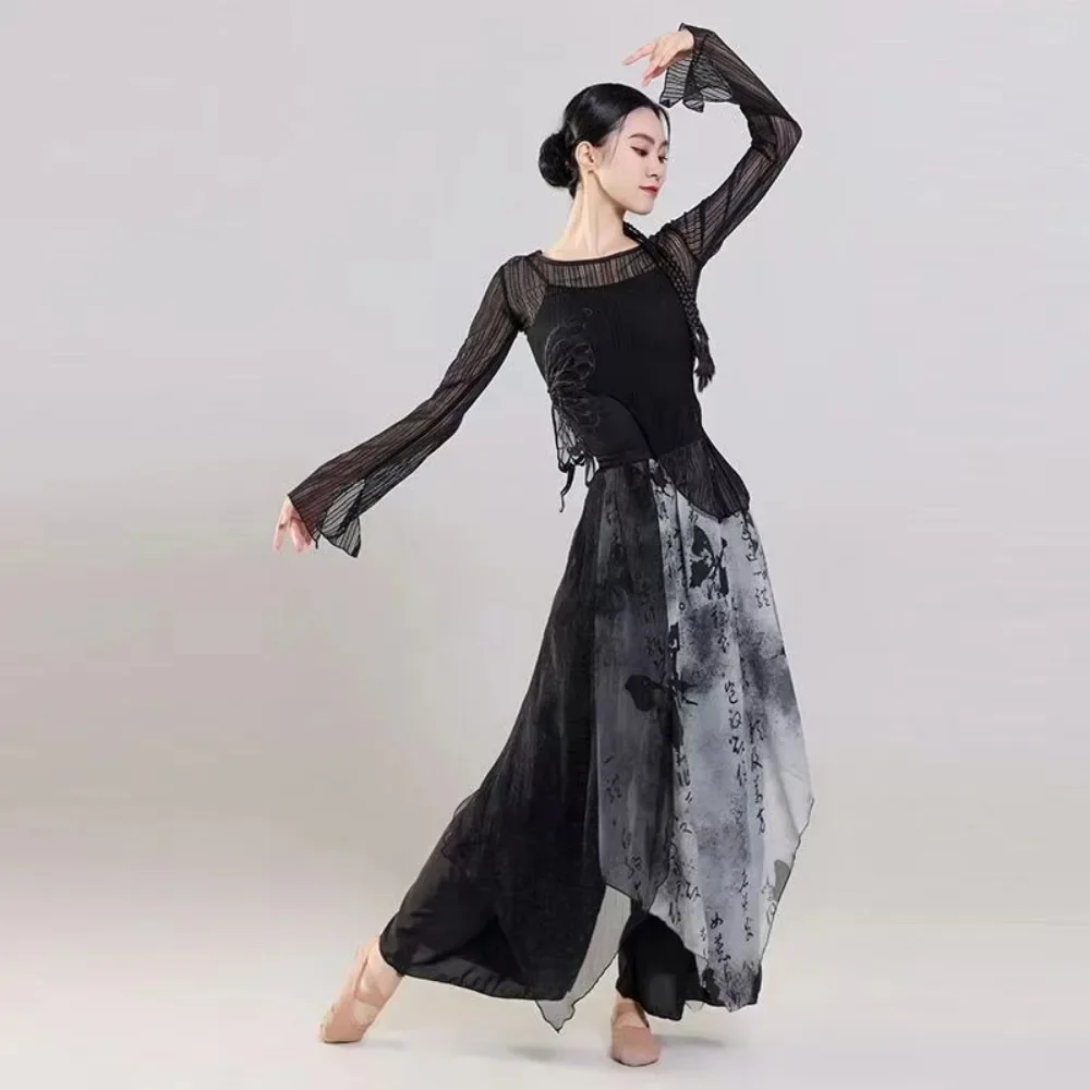 ชุดเต้นศิลปะการต่อสู้แบบจีนโบราณ ลายภาพวาดสีน้ำหมึก สีดำ สำหรับผู้หญิง ใช้สำหรับฝึกซ้อมและการแสดงบนเวที