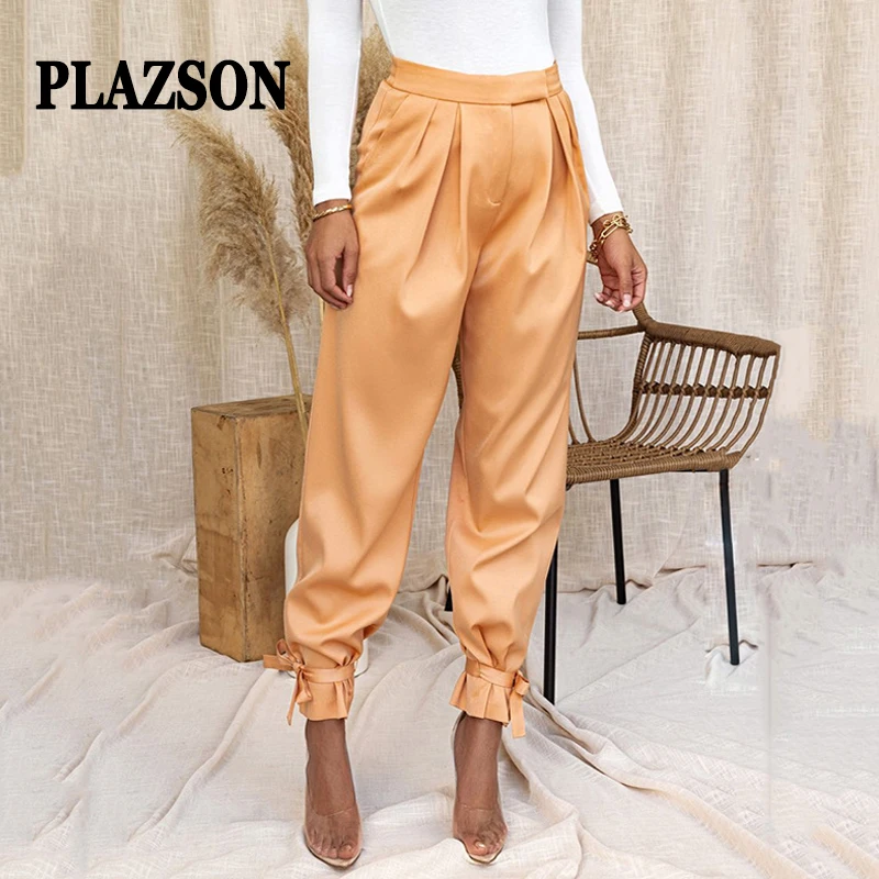 

PLAZSON Elegant Satin Casual Pencil Pants High Waist Slim-Fit Solid Color Trouser Latina Dance Pants For Women Sumba Rumba Pants