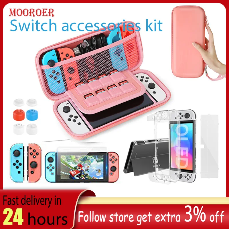 Mooroer Carrying Bag for Nintendo Switch Case with 9 in 1 Nintendo Switch Accessories Kit and 6 Pcs Thumb Grip Storage Bag