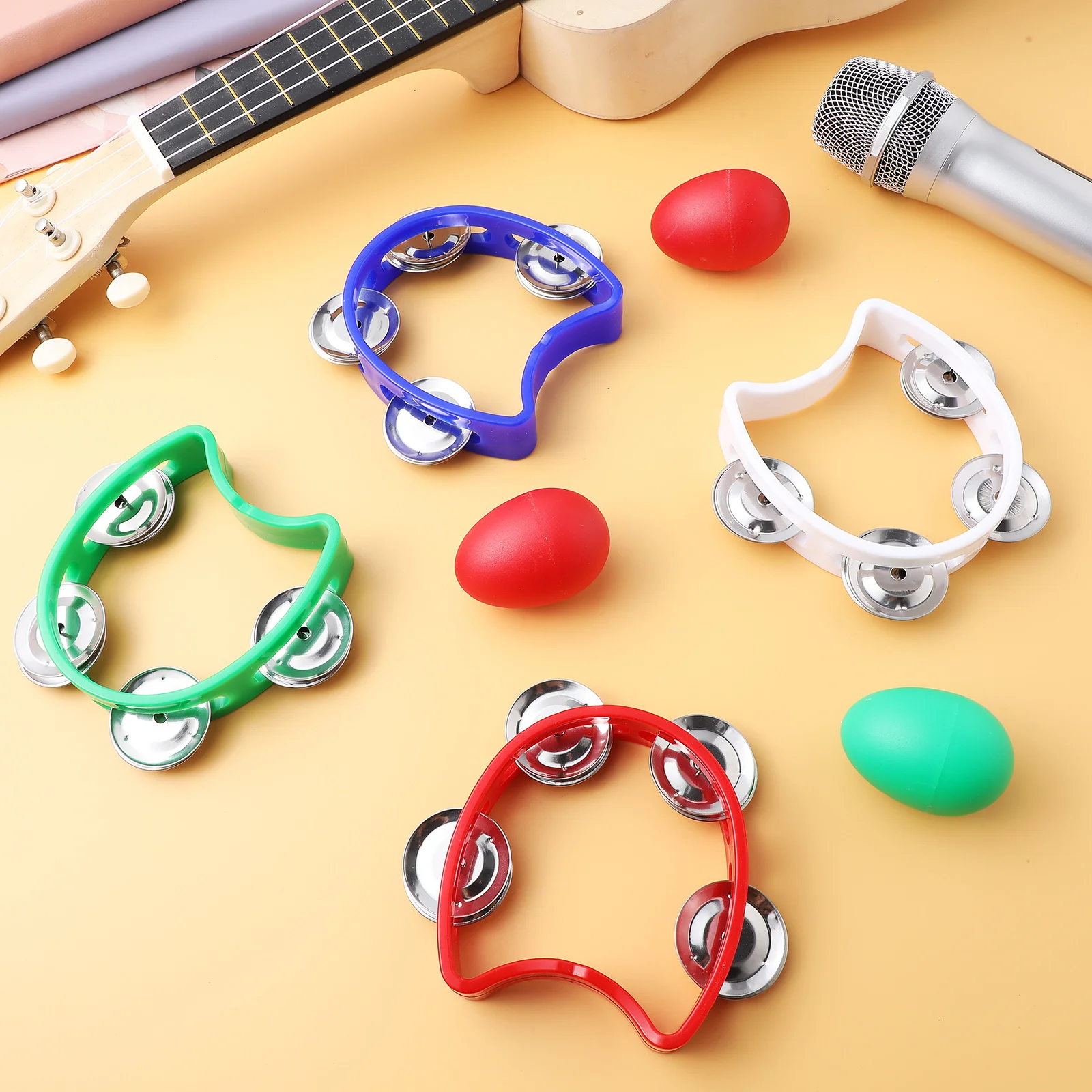Set di strumenti musicali per bambini da 8 pezzi, tamburelli e shaker colorati, kit di percussioni in plastica per l'apprendimento del ritmo dei bambini