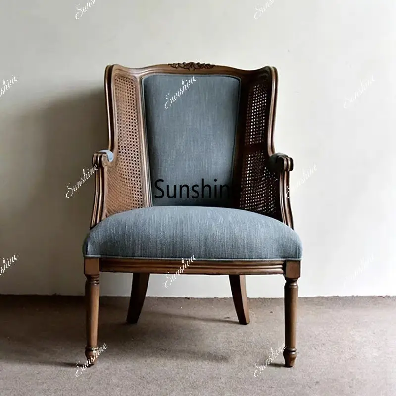 American retro solid wood rattan sofa living room balcony cotton and linen leisure