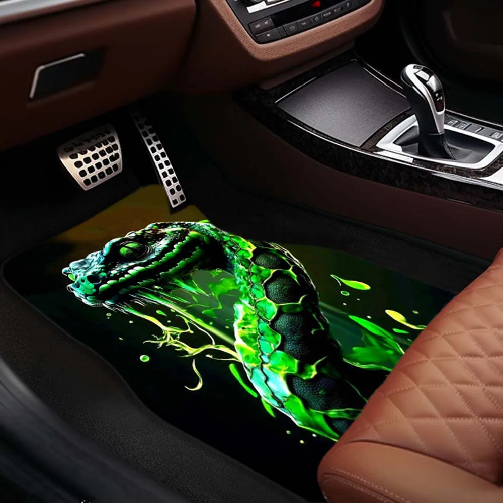 1pc/2pcs/4pcs Polyester 3D Green Snake Print Car Floor Mats Front & Rear Protector Floor Pads, Auto Interior Accessories, For Au