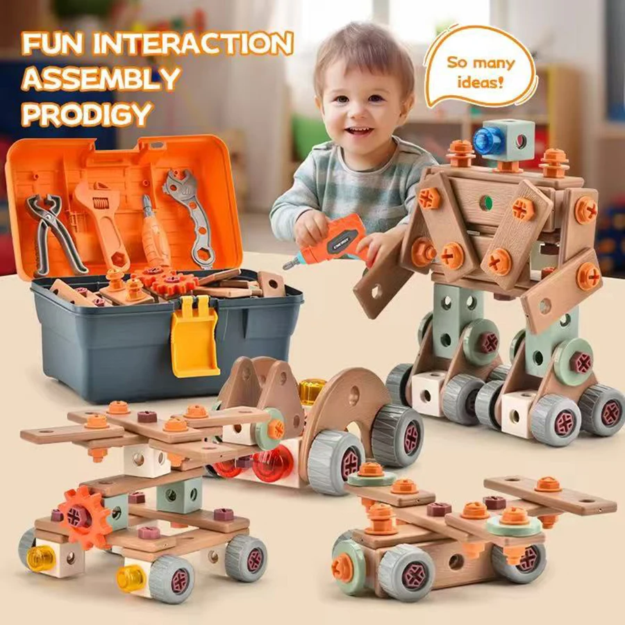 DIY- مجموعة أدوات الأطفال مجموعة ألعاب تجميع الجوز أدوات بناء الجذعية ألعاب مونتيسوري هدايا لصبي فتاة ، صندوق أدوات الحفر الكهربائية اختياري